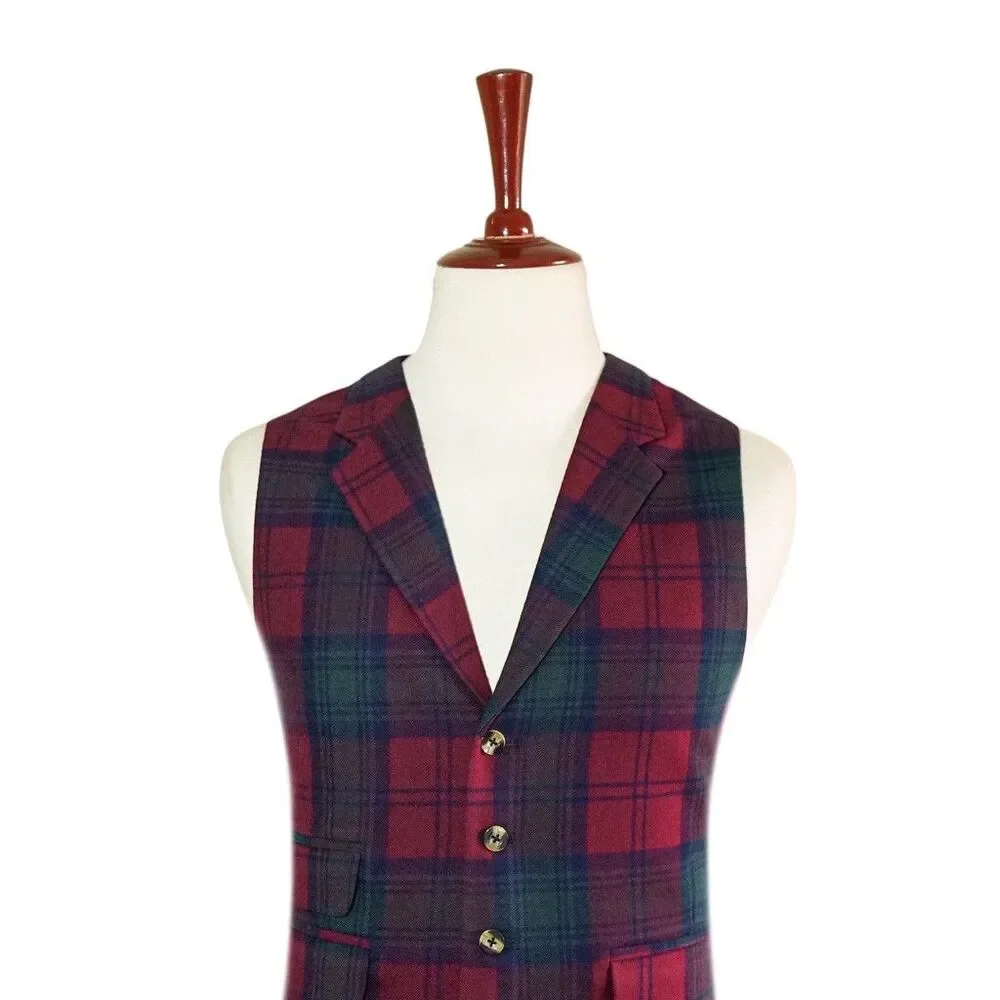 Mens 46R Plaid Wool Waistcoat Red Navy Green Tartan Vest Classic Formal Wedding